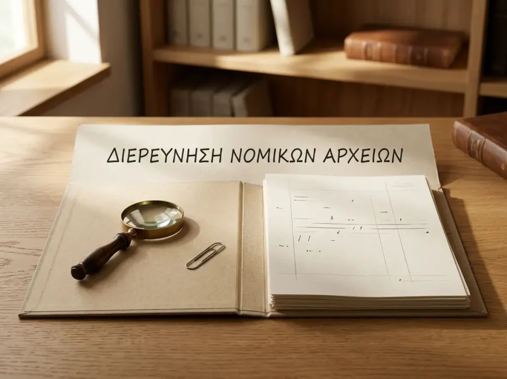 Ανοιχτός φάκελος εγγράφων δίπλα σε μεγεθυντικό φακό και ουδέτερα φύλλα μητρώου