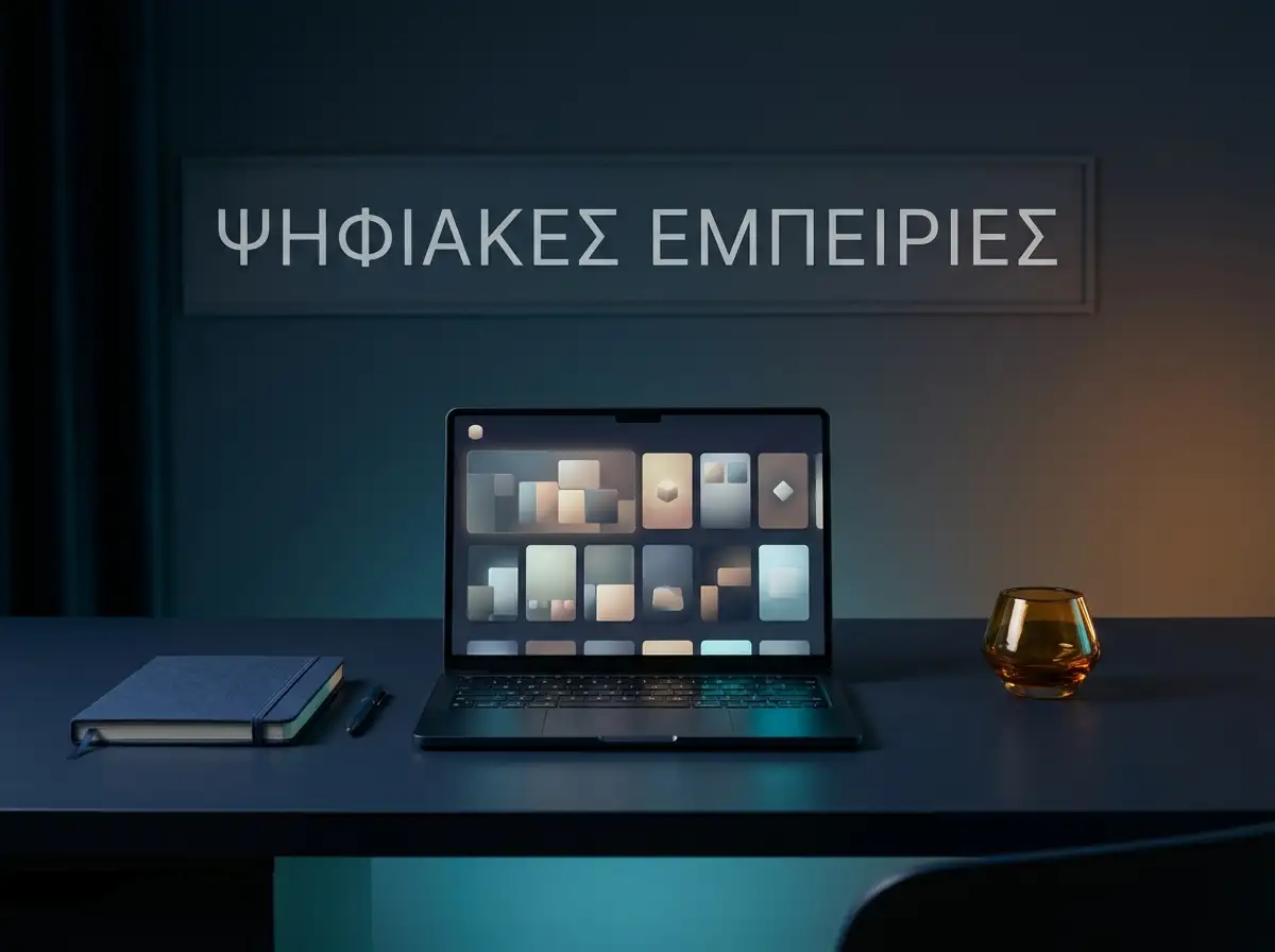 Σκούρο γραφείο με φορητό υπολογιστή, γεωμετρικά πλακίδια και αφηρημένα μοτίβα παιχνιδιών