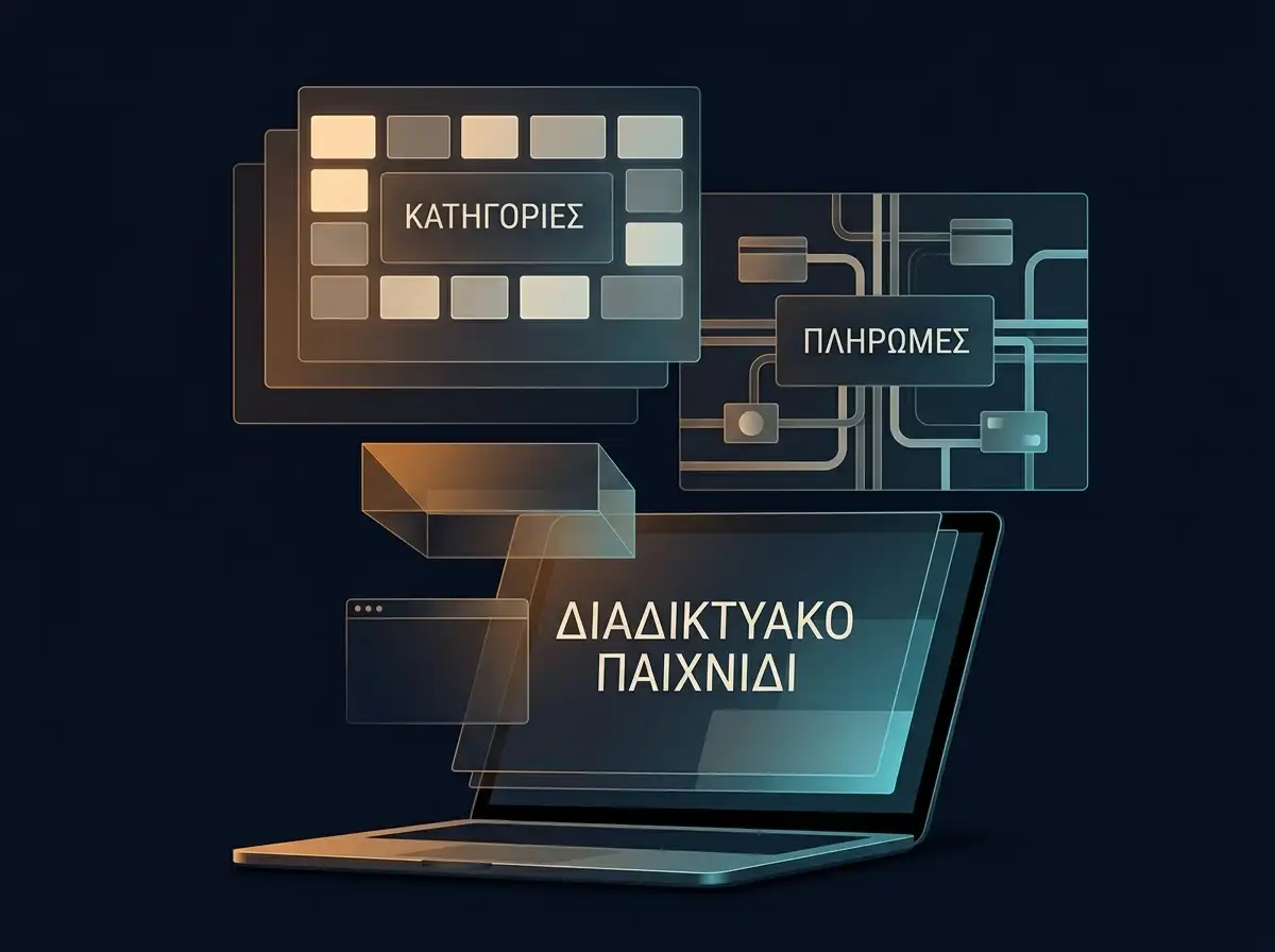 Φορητός υπολογιστής δίπλα σε αφηρημένους φωτεινούς πίνακες και γεωμετρικά σχήματα